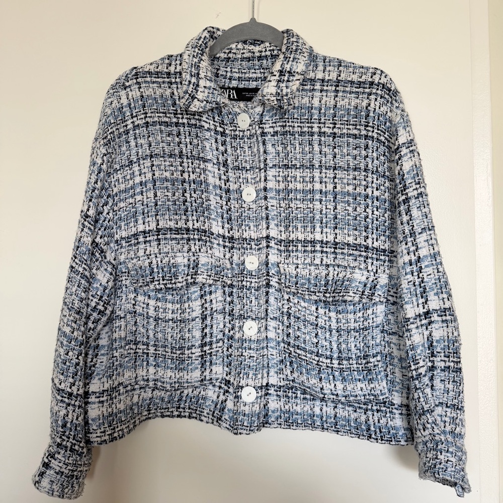 ZARA Women's Tweed Jacket - Black, Blue  and White size XS